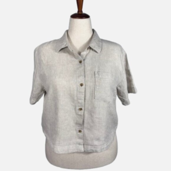 Athleta Retreat 100% Euroflax Linen Cropped Undyed Short Sleeve Shirt (Size M) - Picture 3 of 13